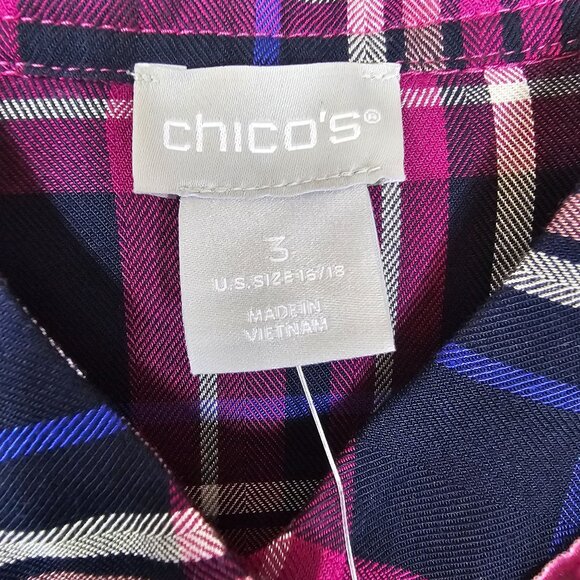 Chicos Poet Ruffle Purple Plaid Button Up Blouse XL Long Sleeve Flowy Rayon - Picture 4 of 8